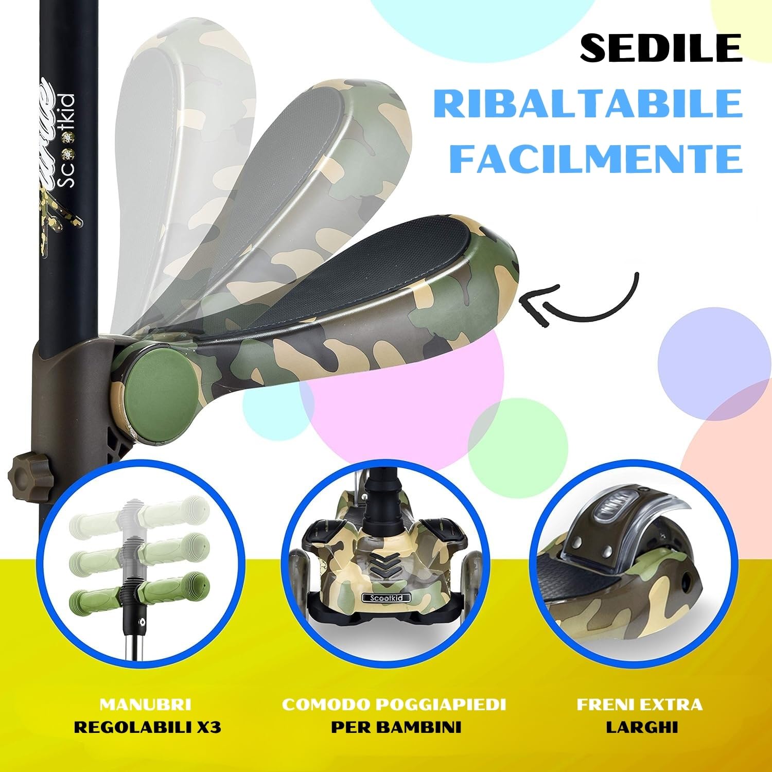 Hurtle Monopattino Bambino, Monopattino Bambina, Monopattino a 3 Ruote, Regolabile in Altezza con Sedile Pieghevole, Scooter per Bambini e Bambine con Ruote LED Multicolore, Dai 1 ai 14 Anni