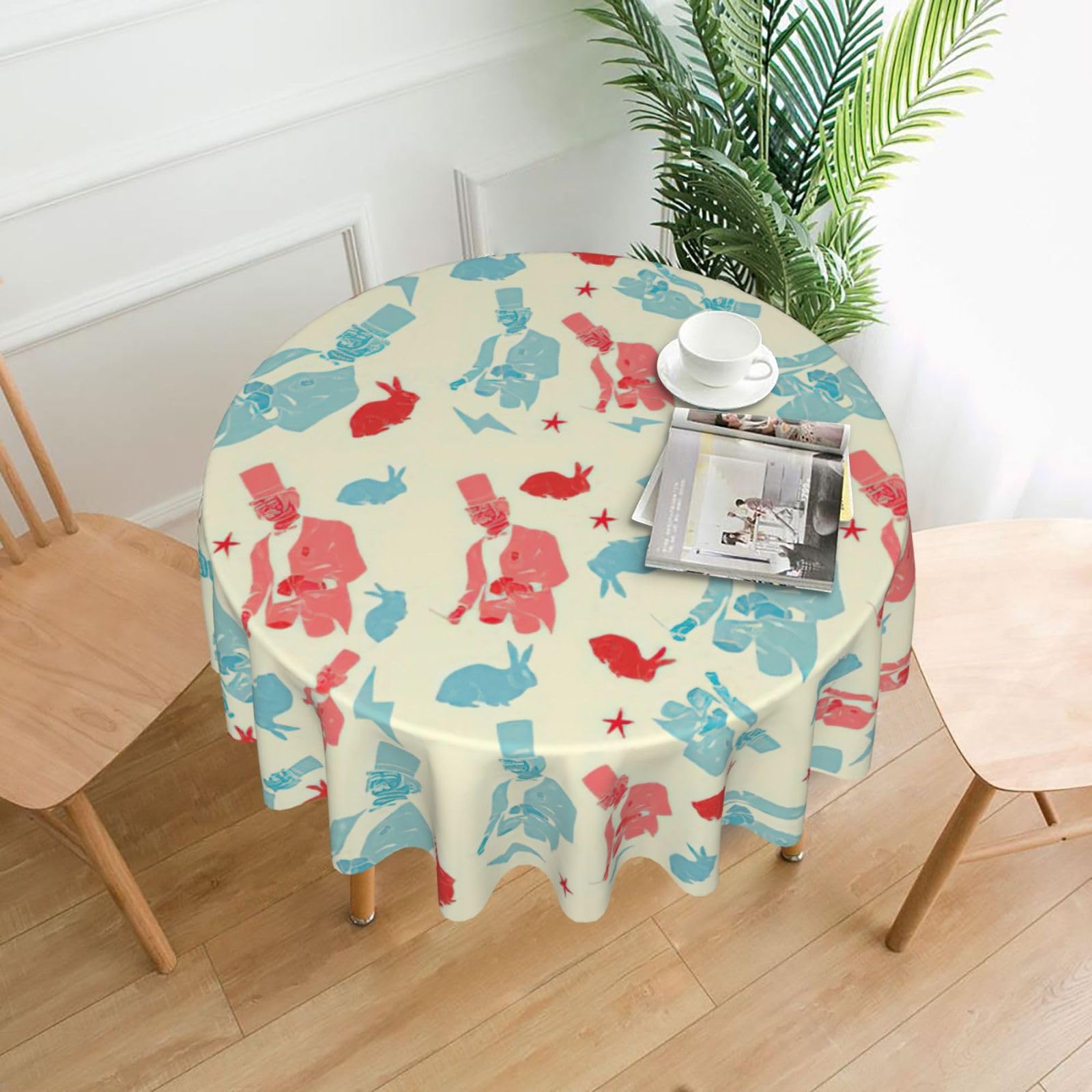 Uusnwaa Magician Rabbit Print Round Tablecloth 60 Inch, Stain Wrinkle Resistant Washable Polyester Table Cover For Kitchen Party