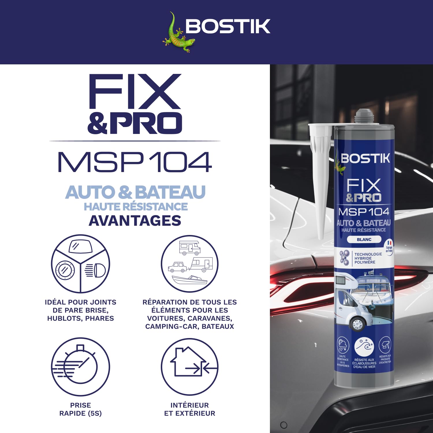 Bostik FIXPRO MSP 104 Dichtstoff für Auto und Boot, Klebstoff und Dichtung, alle Materialien, wetterfest, seewasserbeständig, Hybrid-Polymer-Dichtstoff, Farbe: Weiß, 1 Kartusche 290 ml