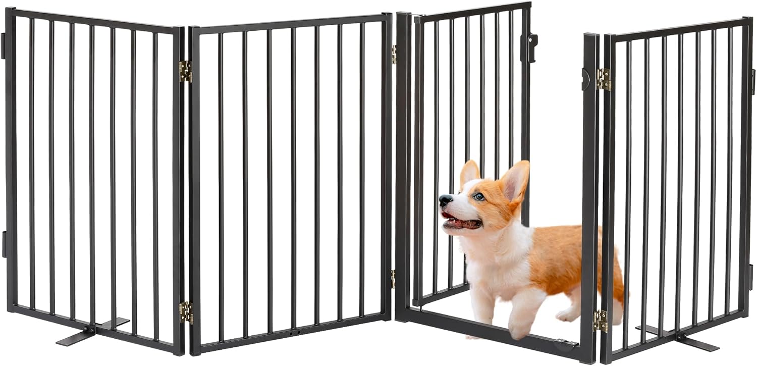 Jeyew Metal Free Standing Dog Gate for The House Extra