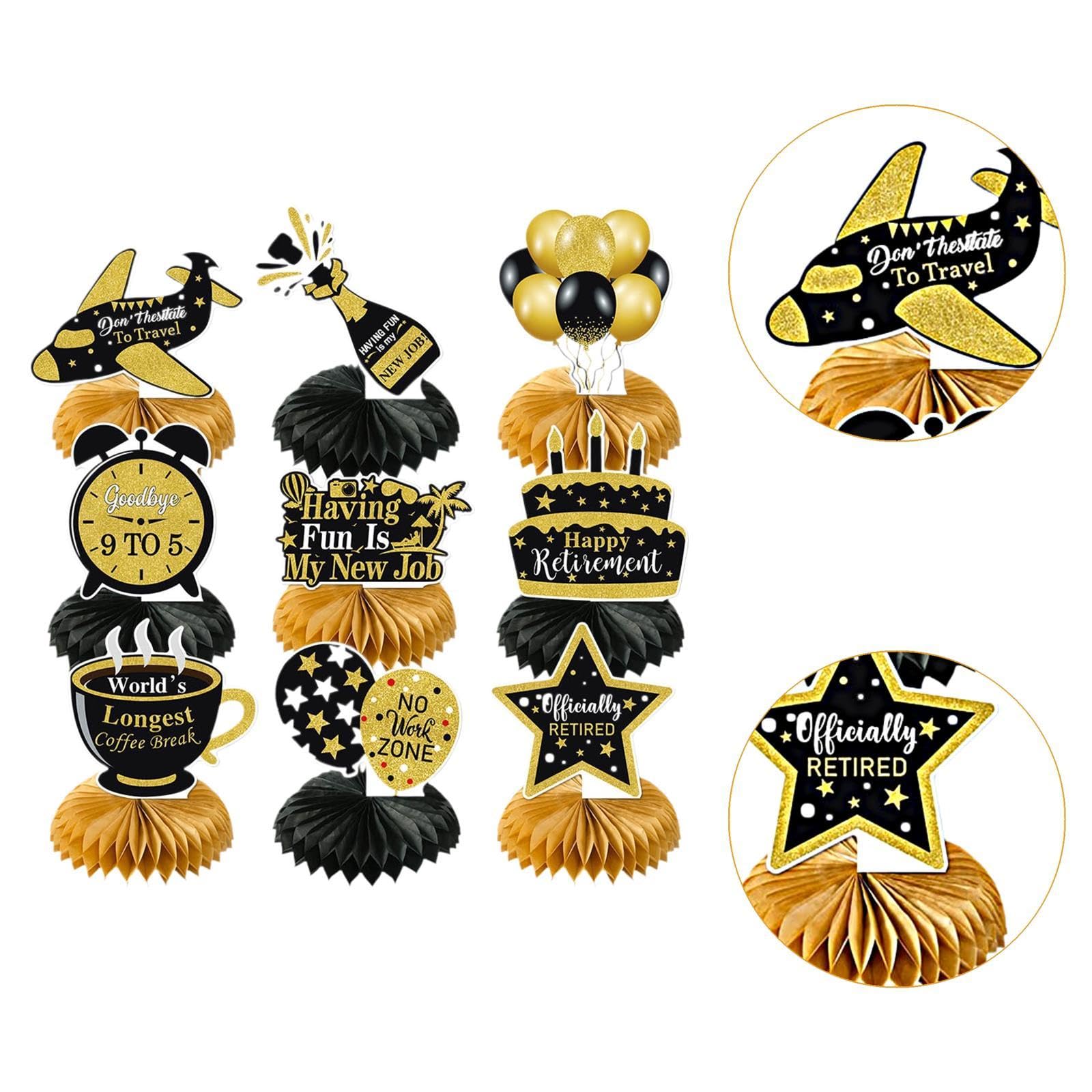 Decorazioni Festa Pensionamento Nere E Dorate - 9 Pezzi A Nido D'Ape, Per Tavoli E Addobbi - Foto 9