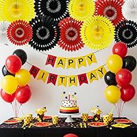 Vista 4 de Kit de decoración de abanicos redondos de papel con panal de pañuelo en rojo, amarillo y negro para baby shower, tema de ratón, primer cumpleaños