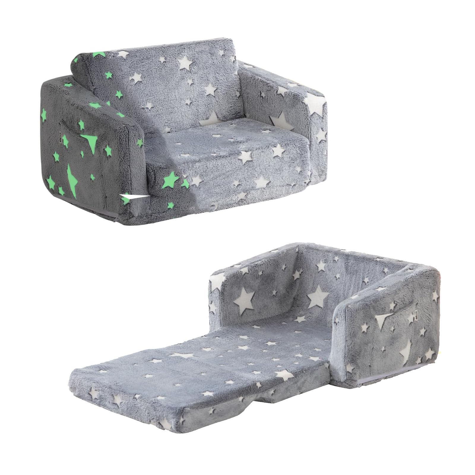 Koeay Kids Couch Fold Out, Foldable Toddler Couch with Pocket, Kids Sofa for Girls Boys, Flip Out Toddler Chair, Kids Chair Convertible Sofa to Lounger for Children Age 1-3 (Glowing Star)