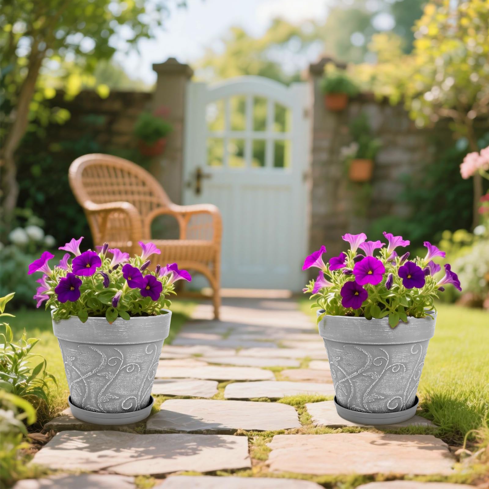 ZMTECH 25 cm Pots avec Soucoupes et Trous de Drainage, Pot de Plante Plastique Aspect Terre Cuite, Pot de Fleur Grand avec Plateau pour Plantes d'Intérieur Extérieur (Gris, Lot de 2)