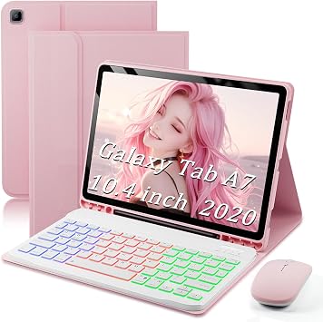 Keyboard Case for Samsung Galaxy Tab A7 10.4 inch 2020 Cover - 7 Color Rainbow Change Backlit Detachable Magnetic Keyboard with S Pen Holder with Mouse - Pink