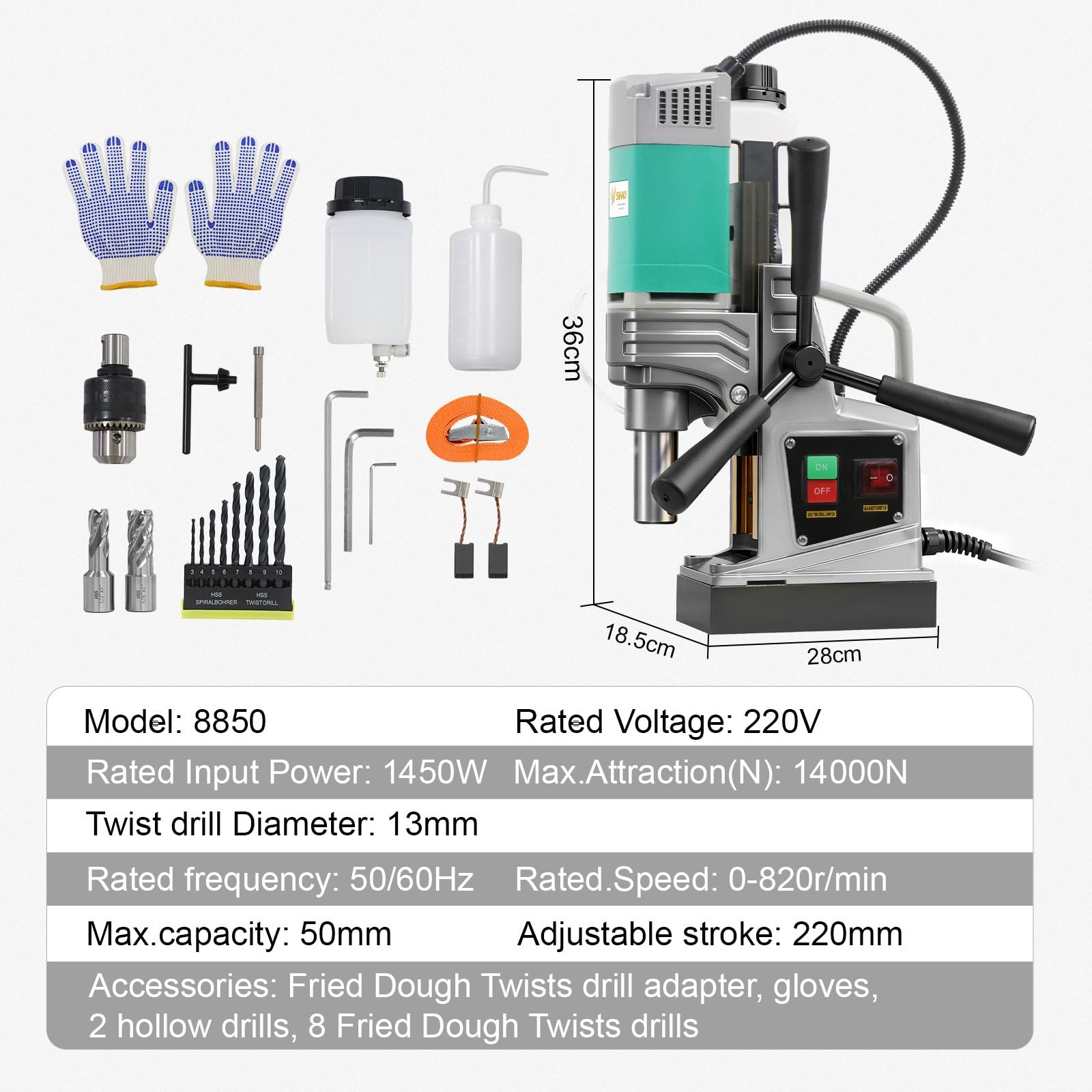 Ponceuse magnétique, 1550W Perceuse à Colonne Portable, 50mm&820 tr/min&10 vitesses, machine à percer électrique pour métallique (50mm/1450W)
