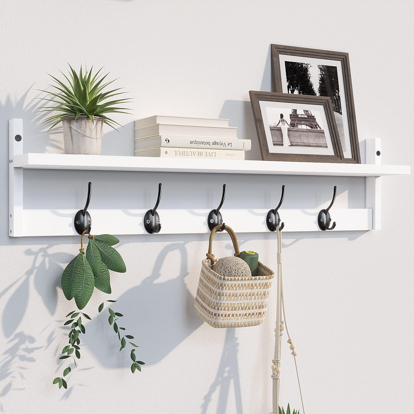 Wall-Mounted Wood Shelf with 5 Dual Hooks for Bathroom, Living Room, Bedroom (White-with Shelf)