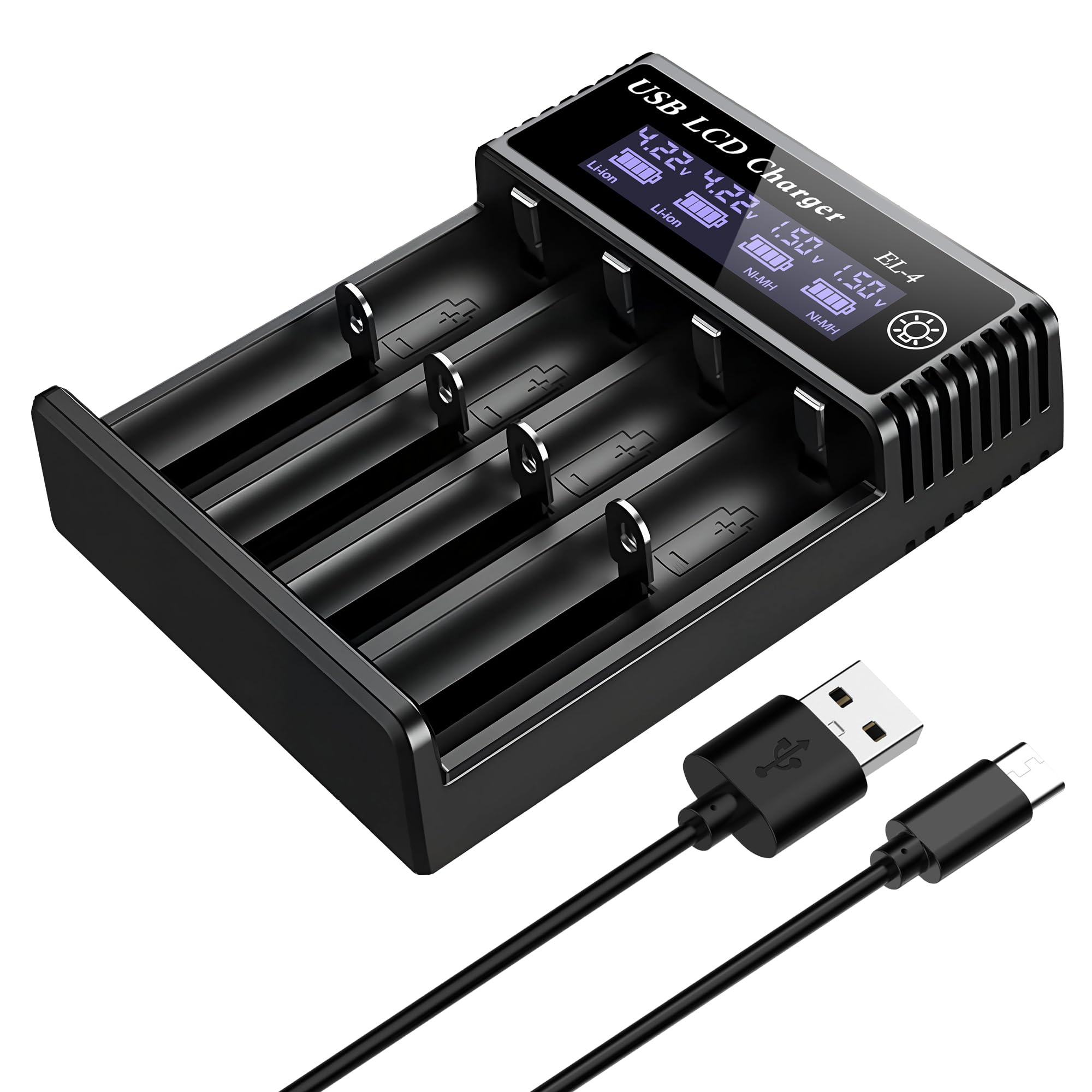 Ermorgen Cargador de Baterías 18650, Cargador Universal 4 Puertos para Baterías Ni-MH/Ni-CD 1.2V AA/AAA/C/SC/F6 y Li-ION 3.7V 18650, 18350, 18500, 18700, 20700, 21700 y 26650 LCD - 2