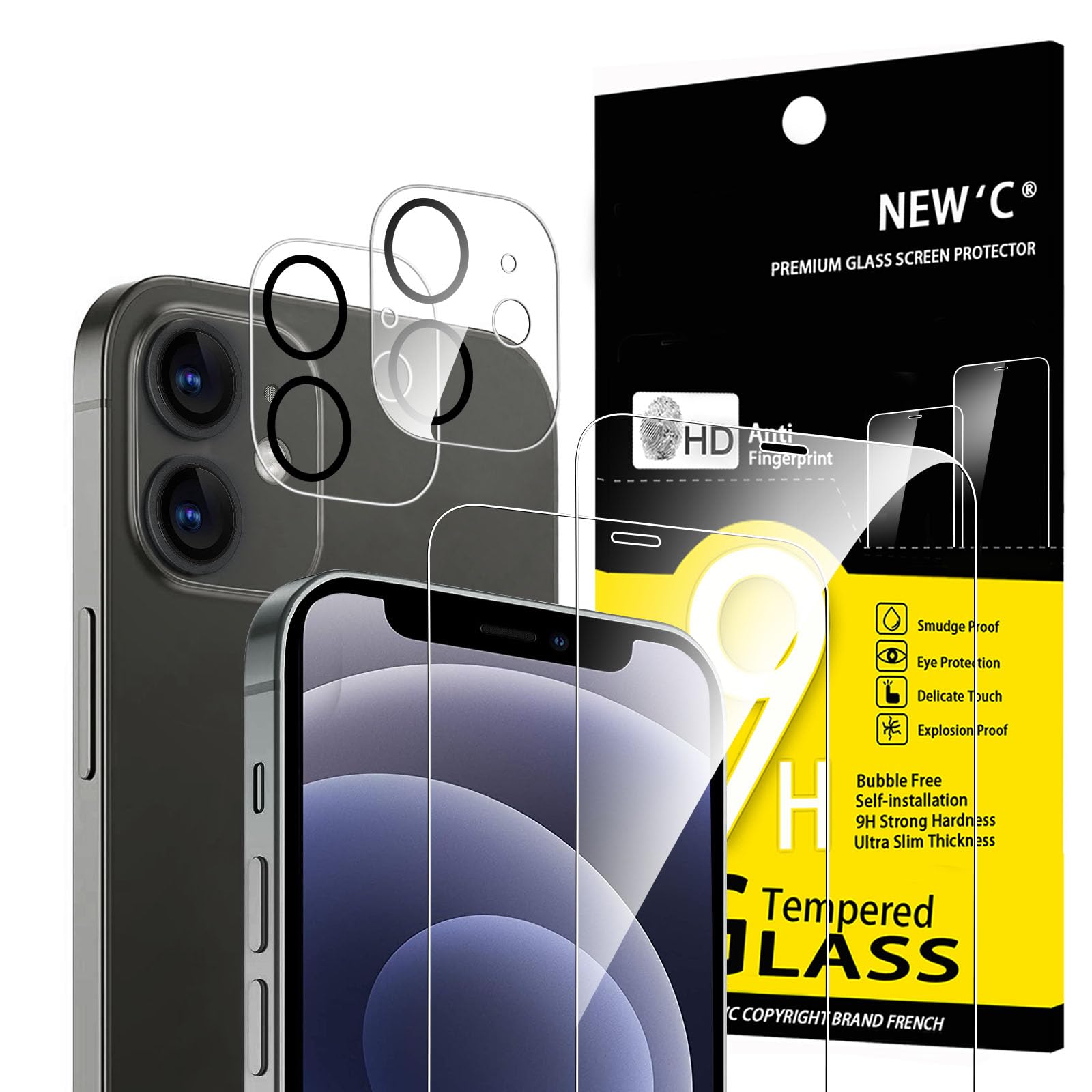 NEW'C für iPhone 12 Mini für Panzerglas (2 Stück) und Kamera Panzer Schutz Glas für Kameraschutz (2 Stück) - kratzfest - keine Luftblasen - extrem widerstandsfähig - 9H-Härteglas