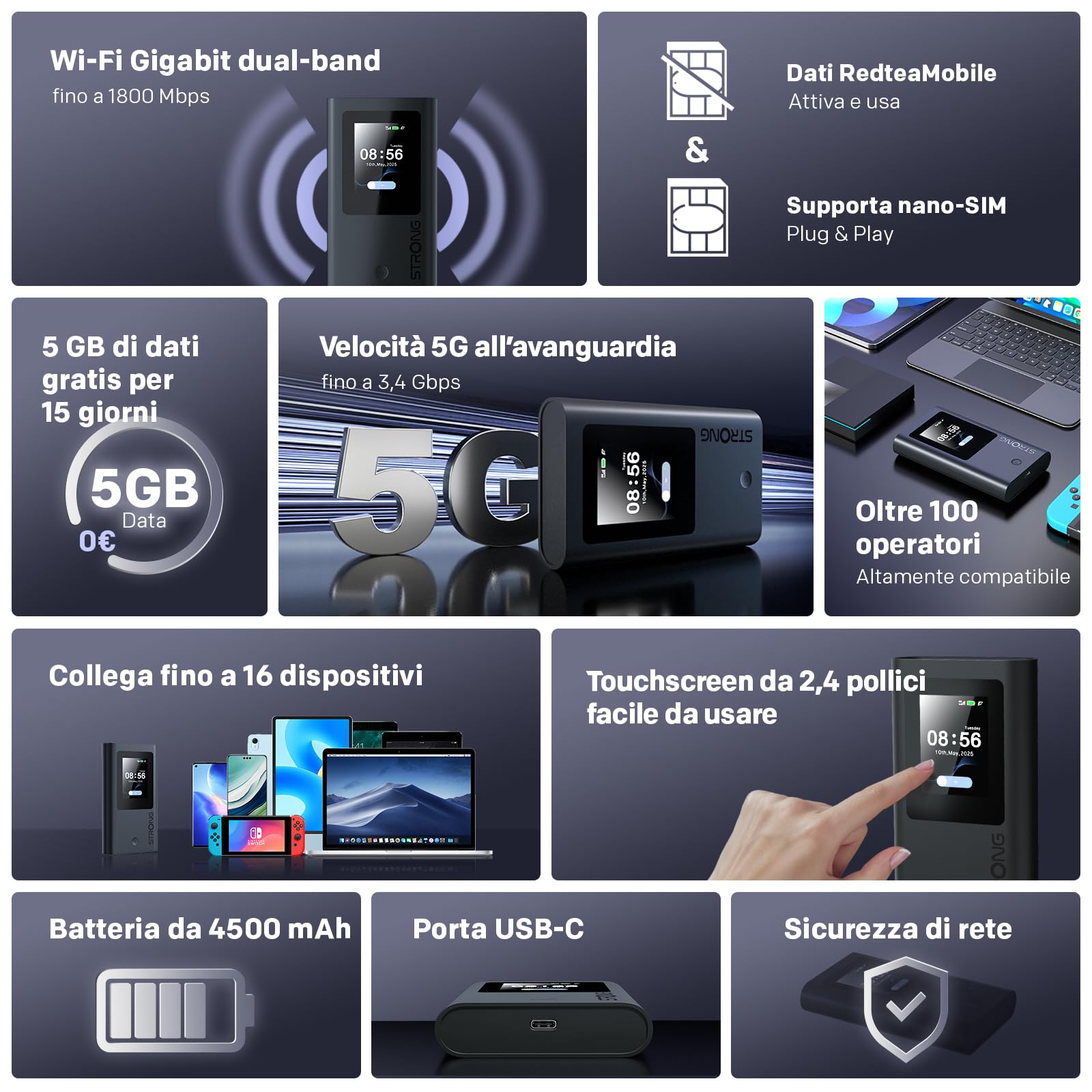 STRONG 5G+ HOPI Router 5G Portatile senza SIM fisica, WiFi 6 AX1800