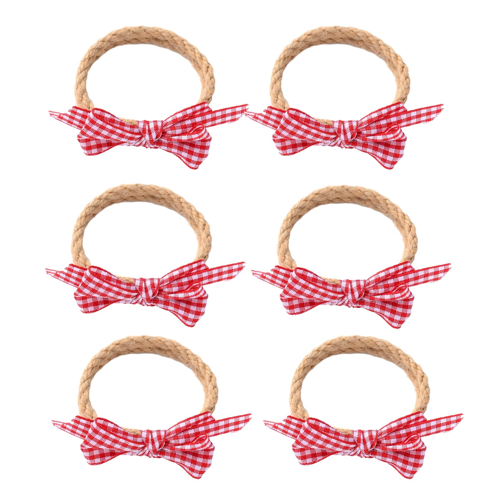 sugerou 6Pcs Jute Rope Napkin Rings with Plaid Bow, Handmade Tableware Holder for Cloth Dinner Napkins, Rustic Farmhouse Wedding Banquet Christmas Thanksgiving Décor 6pcs