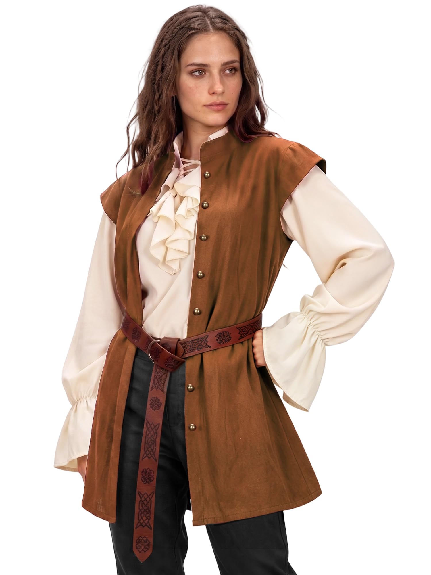 Ibeauti Women's Medieval Pirate Vest with Belt, Renaissance Sleeveless Waistcoat Tunic for Halloween LARP Cosplay Costume, Brown, M-L