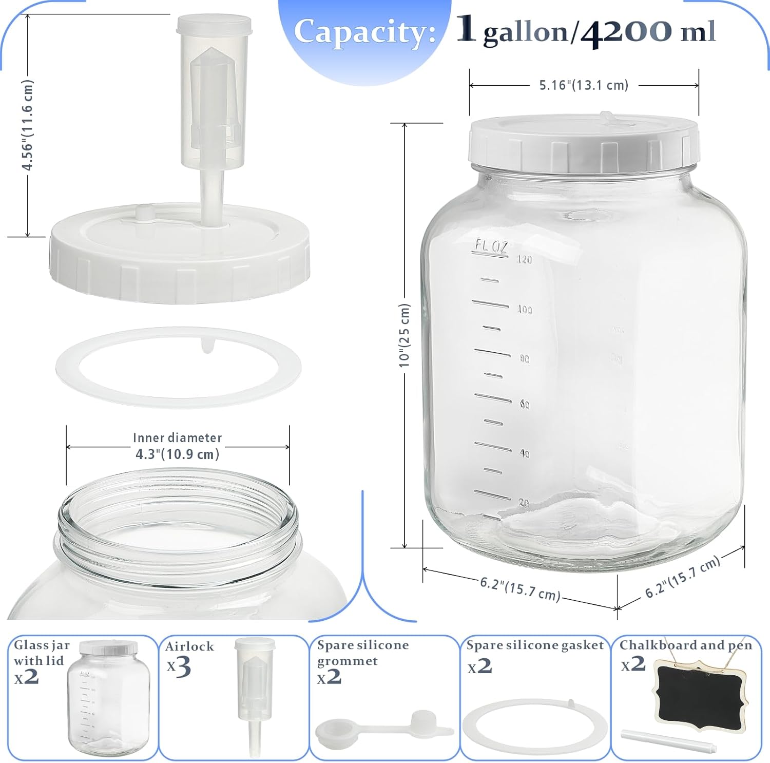 Folinstall 2 Pack 1 Gallon Large Fermentation Jars w 2 SCREW Lid and 3 Airlock - 100% Airtight Lid, Wide Mouth Glass Jar, Pickle Jar w Scale Mark for Sourdough Starter - Image 6