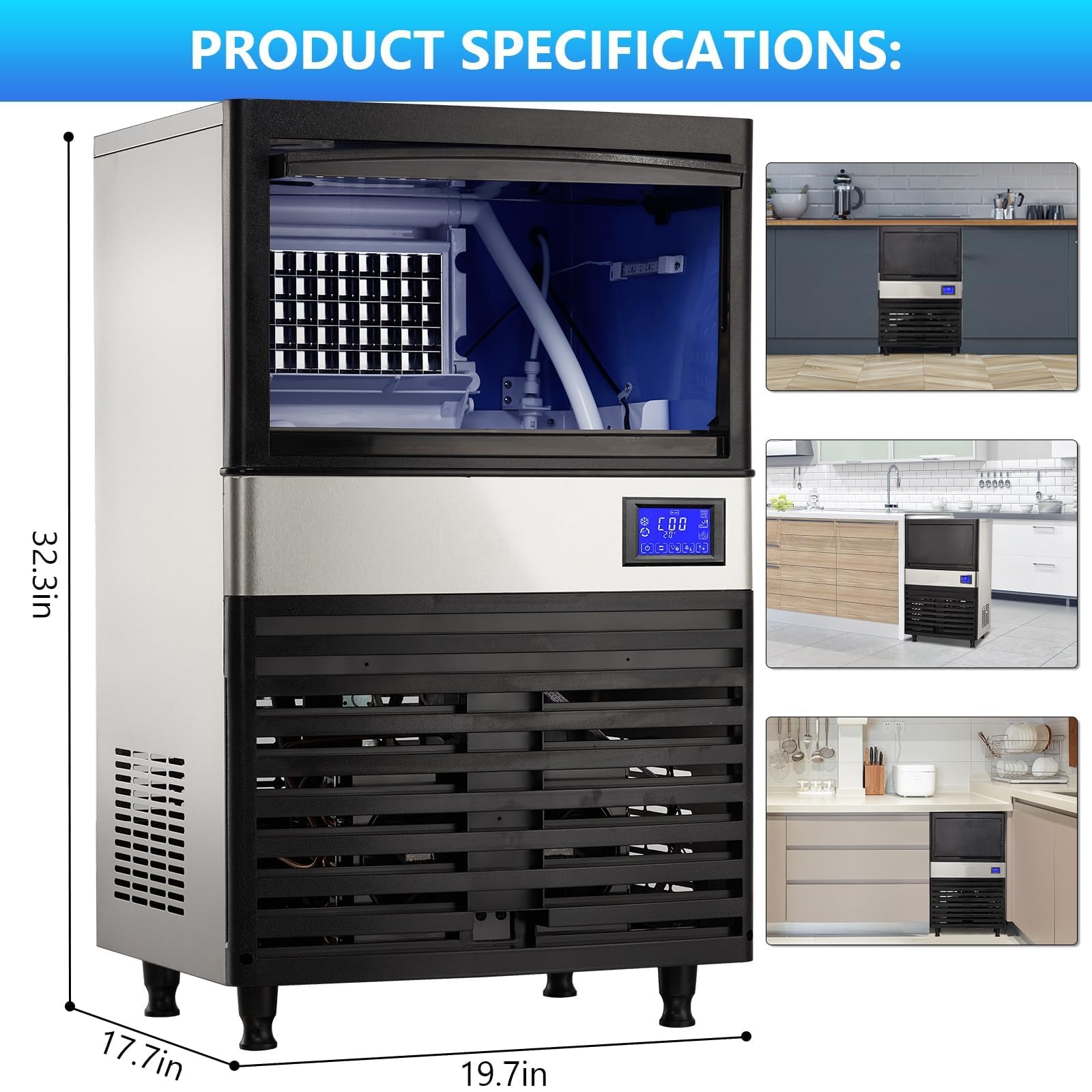 110LBS/24H Commercial Ice Maker Machine,Large Ice Making Machine with 33 Lbs Storage Bin, LCD Panel with Blue Light, Electric Drain Pump, Water Filter & Scoop,for Bar, Home, Restaurant, Coffee Shop