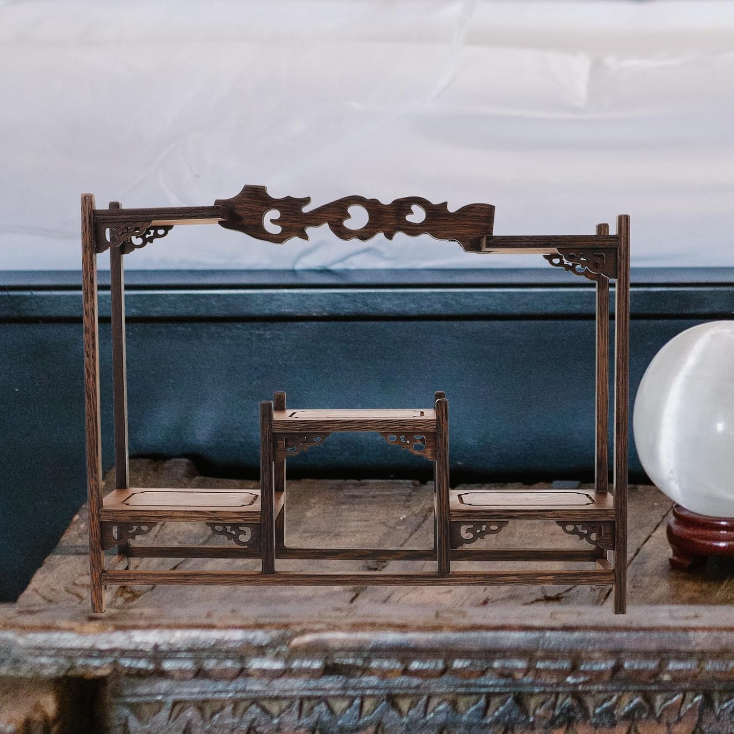 Luxshiny Wooden Craft Display Stand Elegant Wooden Carving Rack for Antique Storage Oriental Vase and Figurine Shelf for Living Room and Office Decor