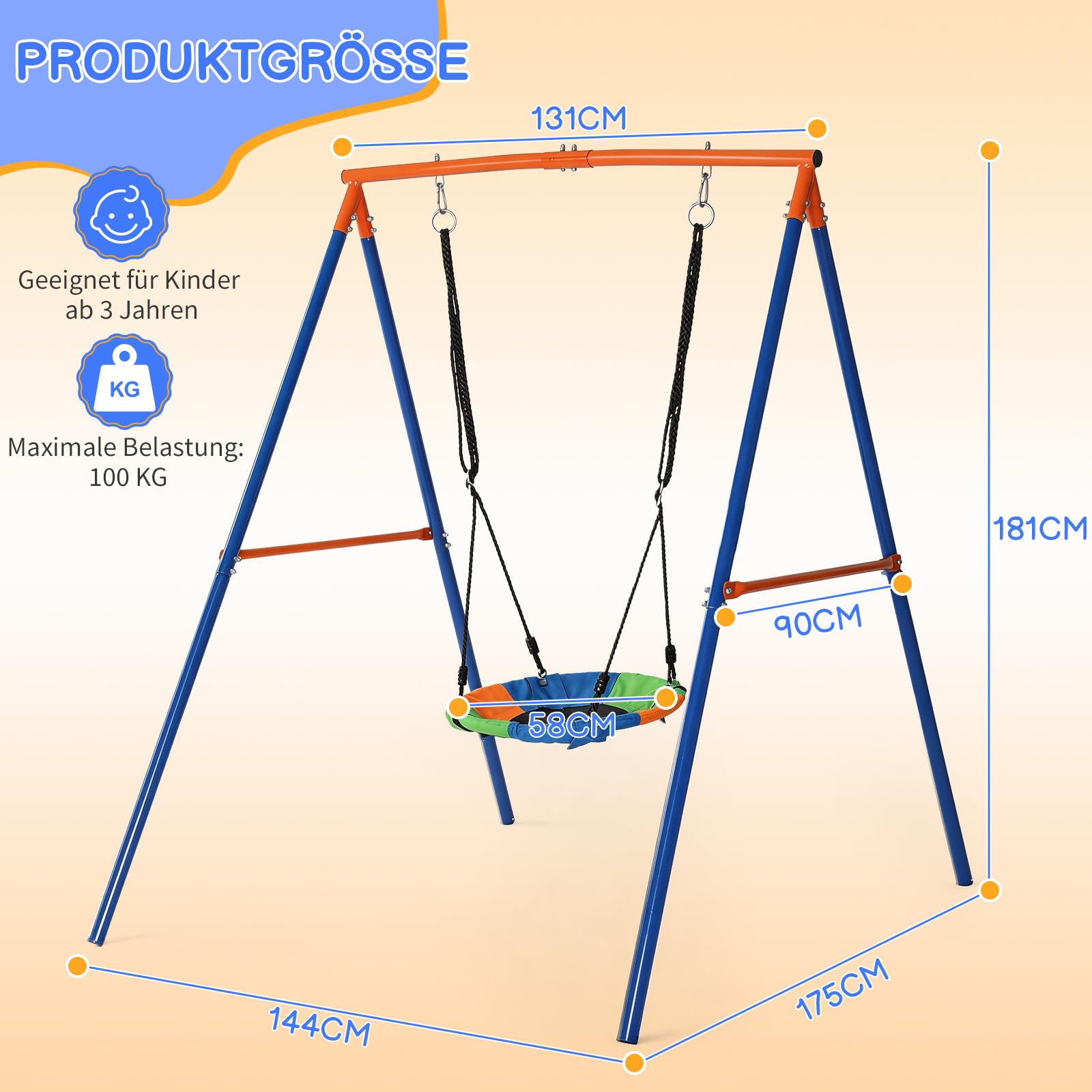 LEADZM Altalena da esterno per bambini con ancoraggio a terra, struttura a dondolo con struttura, portata 100 kg, 144 x 175 x 181 cm