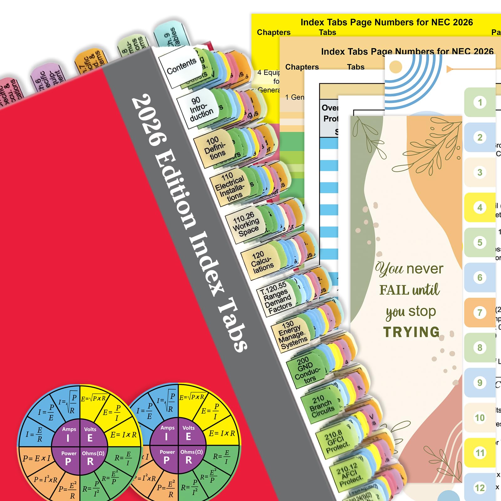 Onglets d'index en plastique pour NEC 2026 (livre non inclus), 152 onglets imprimés + vierges, code couleur et durable, avec index de page/tableau des fils et guide de formule/autocollants de