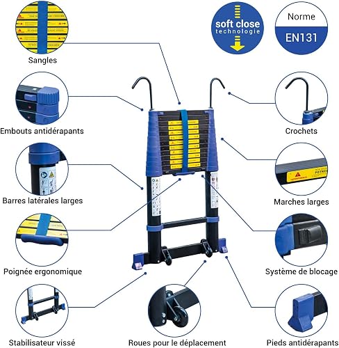 HOSTRÖM TELESCOVA13+, 4,1 m Telescopic Ladder, Aluminum, Foldable, Extendable, Multi-Function, Max Working Height 5 m, Removable Hooks, 5 Year Warranty. - 4