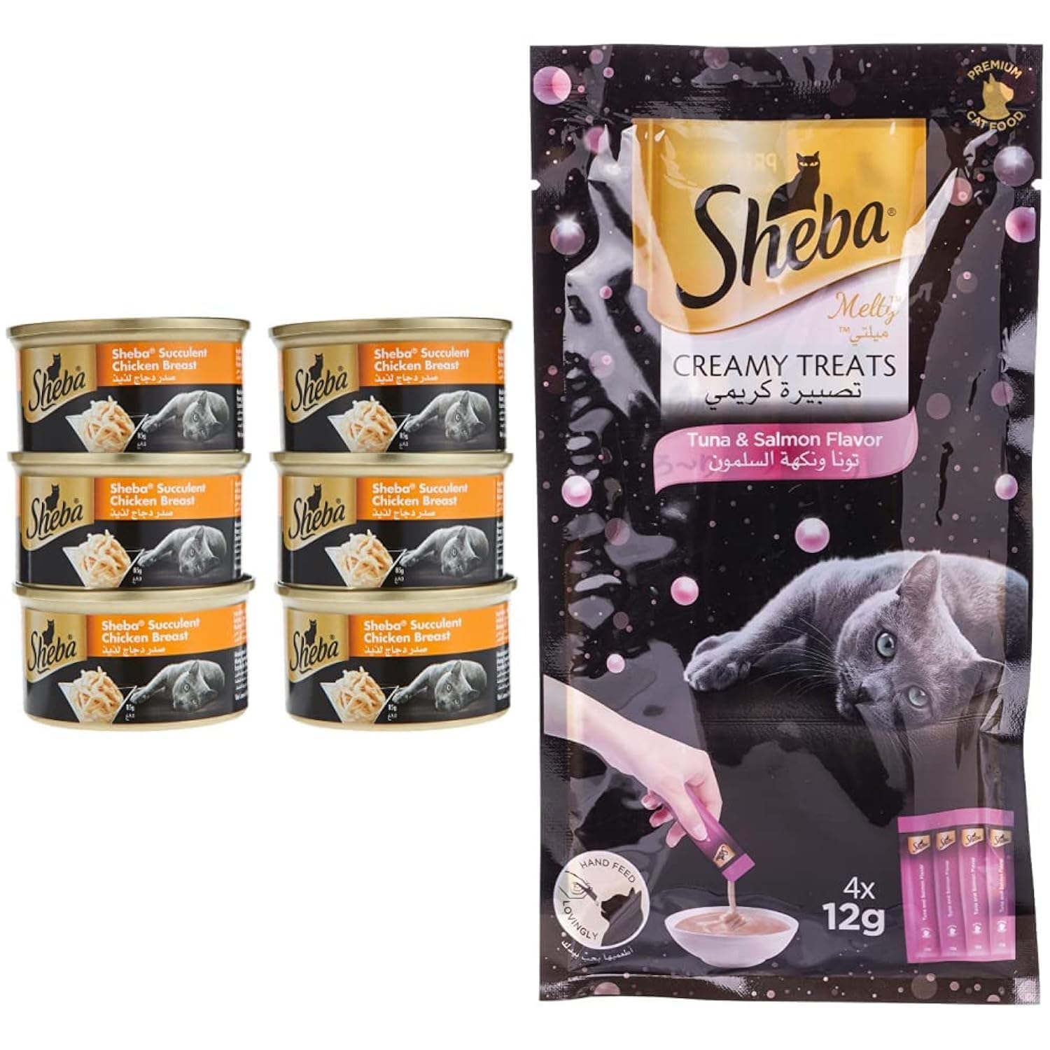 ShebaSucculent Chicken Breast Wet Cat Food 6 x 85g & Creamy Treat Cat Food Tuna & Salmon Flavour 4 x 12g