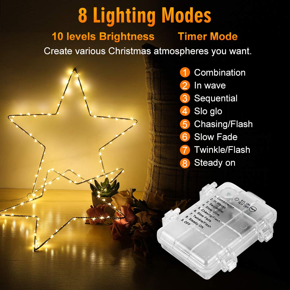 Litake LED Weihnachtsstern Beleuchtung, 6M 60 LED Jeder Stern Weihnachtslichter Stern Fensterdeko Weihnachtsdeko Batteriebetrieben Timer Warmweißen (5 Stk)