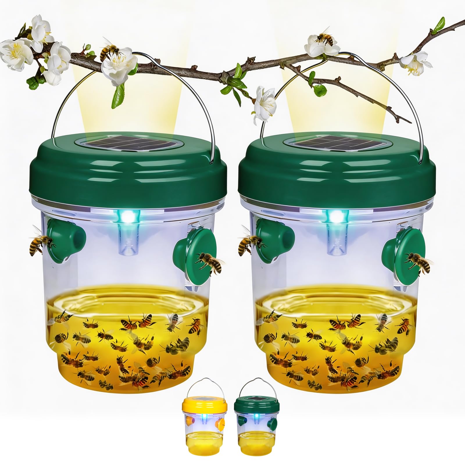 2Pack Wasp Trap, Solar Wasp Traps Outdoor Hanging, Wasps Catchers for The Garden, Reusable Yellow Jacket Repellent & Hornet Bait with UV LED Light Dual Entry Tunnels for Patio, Camping, Farm (Green)