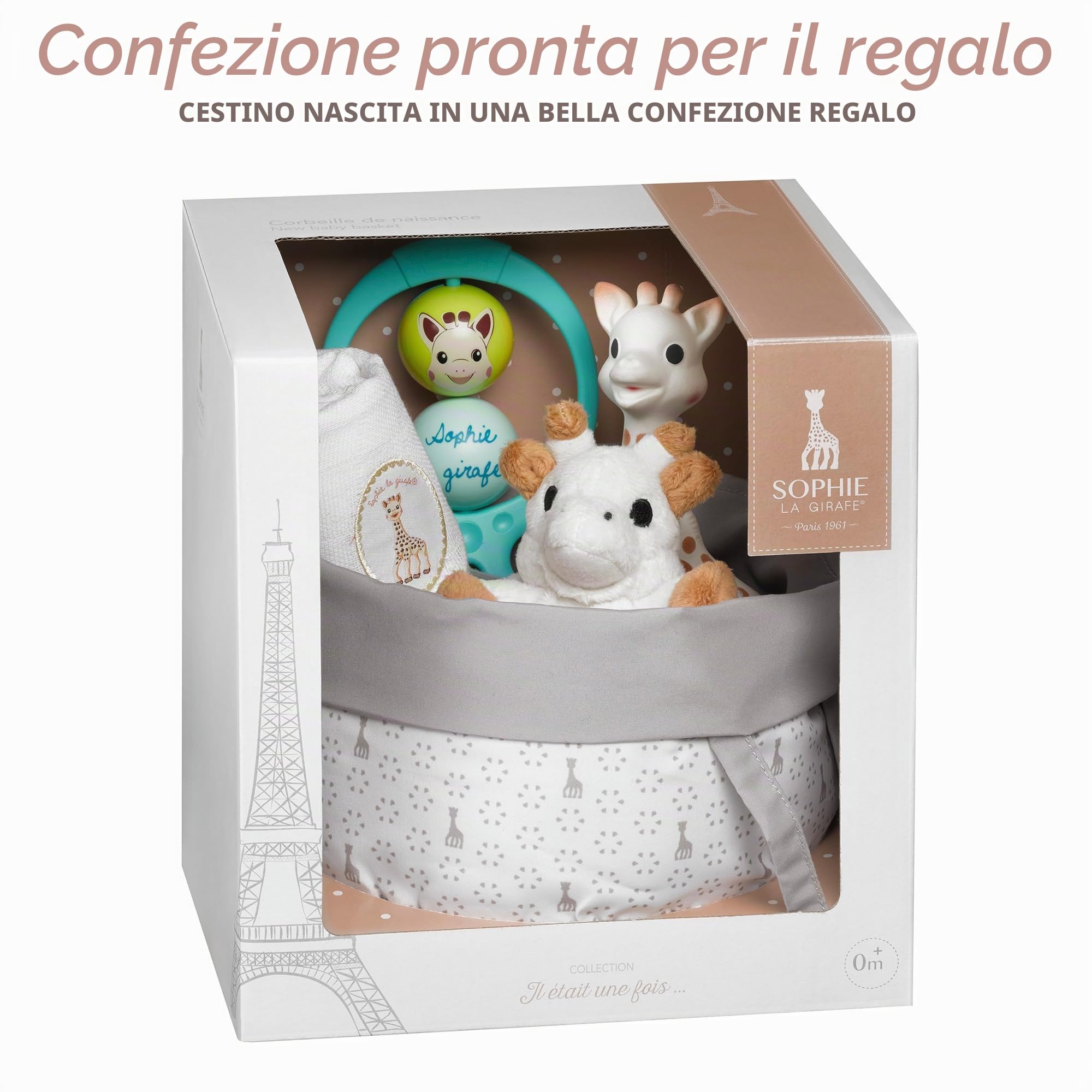 SOPHIE LA GIRAFE, Cesto Nascita, Giocattolo per l'Apprendimento , Elementi Essenziali del Bambino | Giocattolo e mussola multiuso inclusi | caucciù 100% naturale | borsa e biglietto personalizzabile con il nome | idea regalo