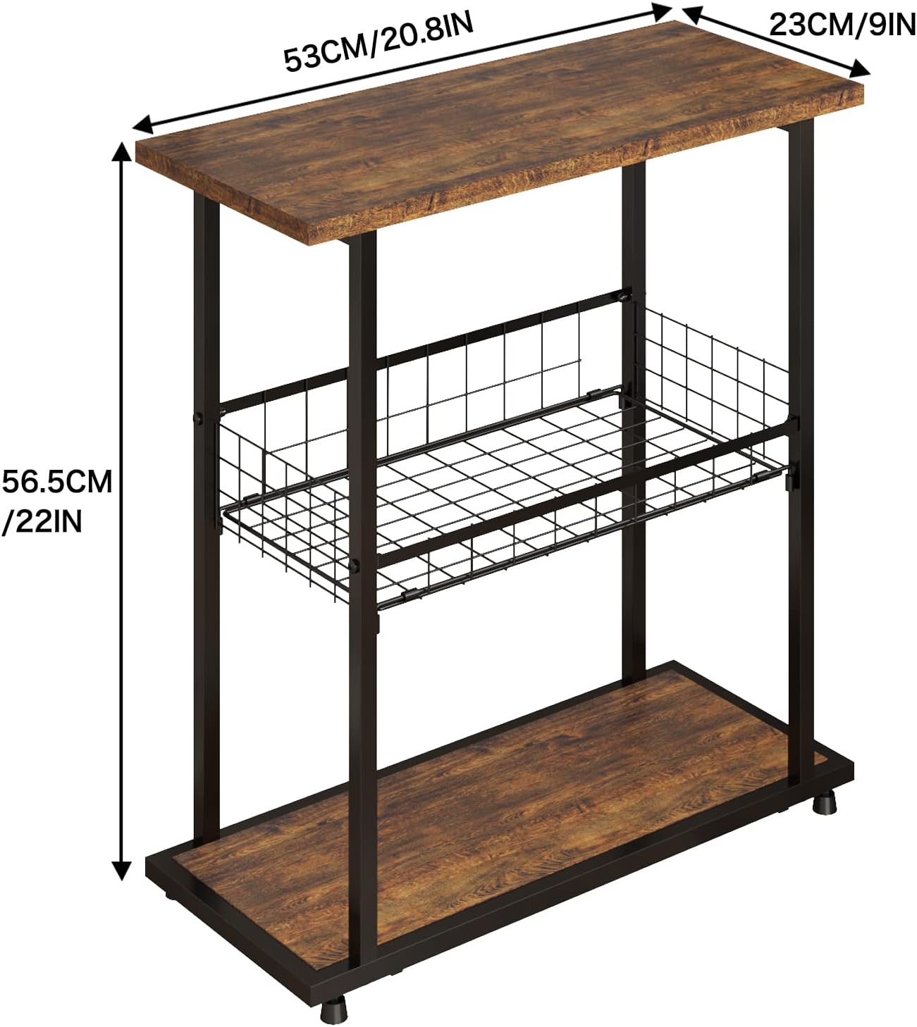 Side Table, 3-Tier End Table, Narrow Sofa Table Bedside Table, Small Nightstand with Storage Shelf for Living Room, Study, Bedroom, Rustic Brown