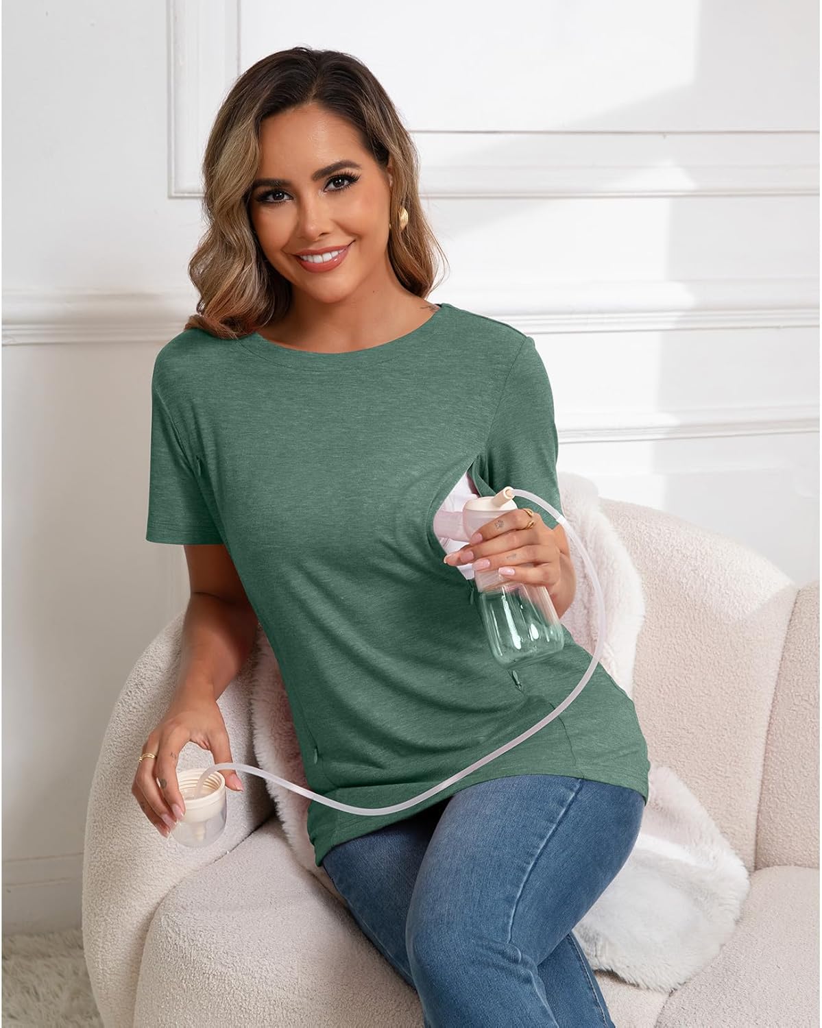 GINKANA Women's Nursing Shirts Short Sleeve Breastfeeding Tshirt with Hidden Zippers Loose Fit Nursing Tops - Image 5