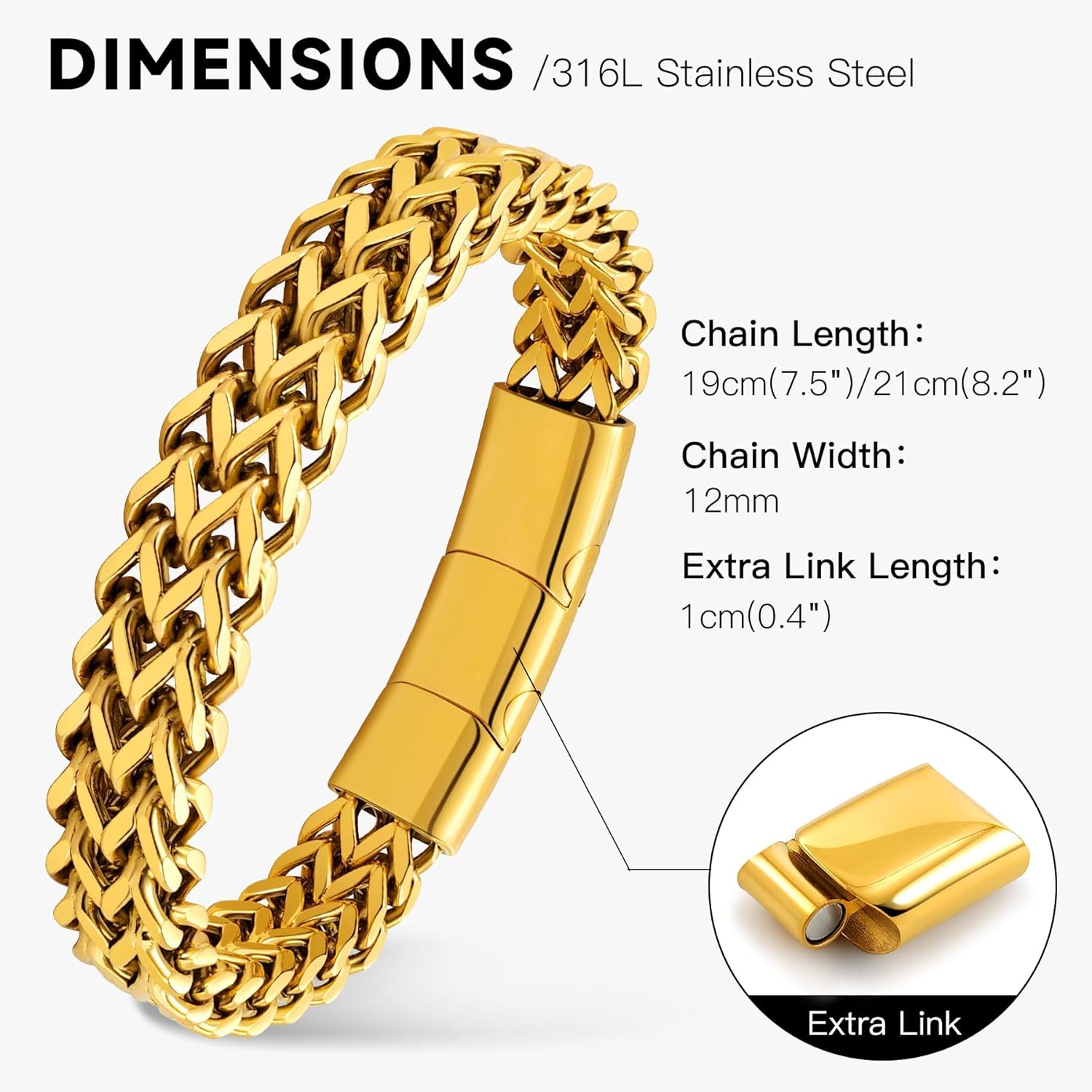 Stainless Steel Franco Chain Bracelets for Men - 6mm/8mm/10mm/12mm Width, 7.5"/8.3" Length, Black & 18K Metal, Durable and Adjustable Cuban Link Bracelet