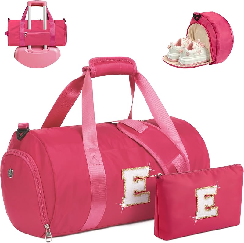Birthday Gifts for Kids, Initial Dance Duffle Bag for Girls | Kids Overnight Weekend Bag with Shoe Compartment & Makeup Pouch, Personalized Cheer Gift for Daughter (Letter E)