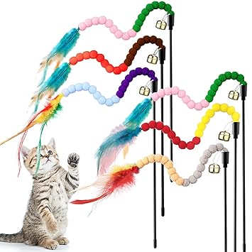 Qpets 6 Pieces Colorful Cat Wand Interactive Toy Cat Wand Toys with Feather and Bell Safe Cat Catcher Teaser Stick Toy and Sounding Rainbow Wand Toys for Kittens Training Pets Exerciser