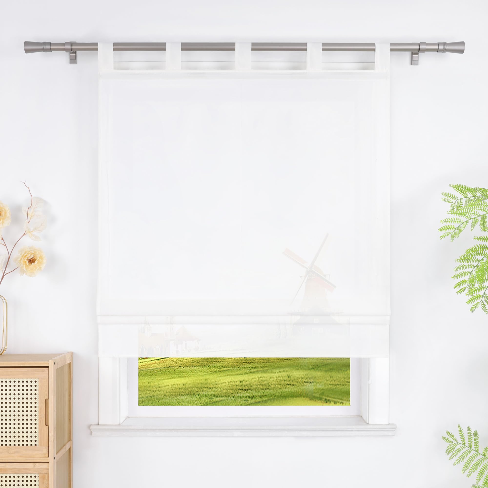 Store bateau pour cuisine et fenêtre - Couleur unie - Semi-transparent - Avec passants - En voile élégant - Translucide - Blanc - 120 x 140 cm
