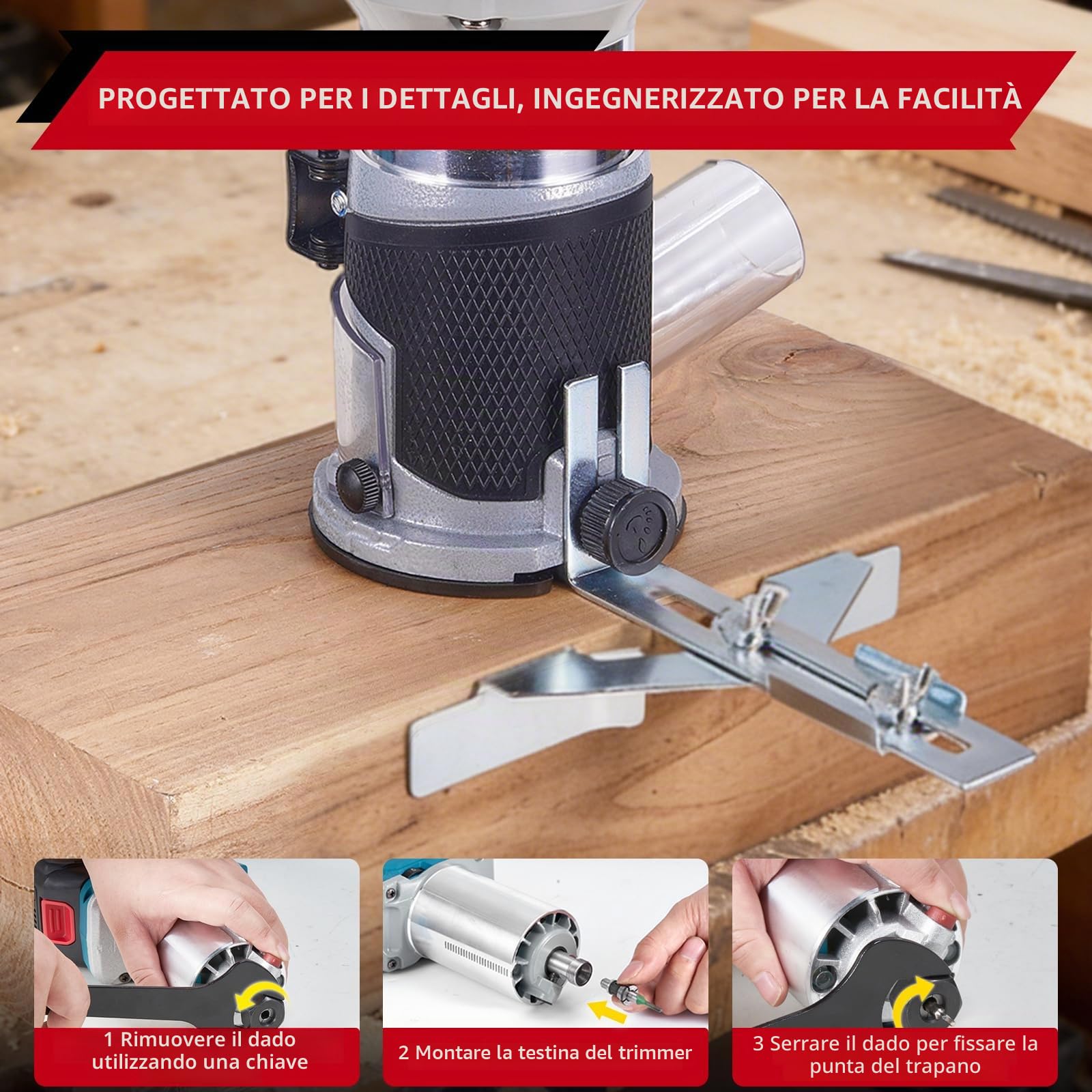 ONEVAN Fresatrice batteria, profondità 30mm, con 3 pinze e 2x 3,0Ah | 6 velocità, brushless, display digitale, pinze 6/6,35/8 mm, collegabile all'aspiratore [produzione di mobili] [fai-da-te]