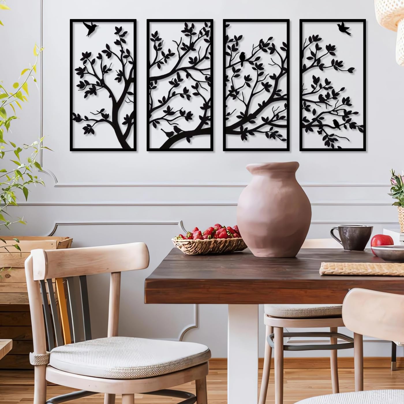 Pduoduo Albero della vita in Metallo 4 pannelli, Decorazione di Arte della Parete Dell'albero di Metallo per La Casa, Camera da Letto,Giardino,Decorazione da Parete (nero, 30 cm x 60 cm)