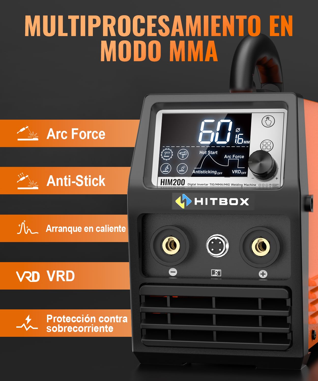 HITBOX 4 en 1 Soldador Hilo Continuo Sin Gas 140A 230V Digital Portátil Soldadora MIG ARC LIFT TIG Spool Gun con Pantalla LED Ultraclara, Ideal para Soldadores Principiantes