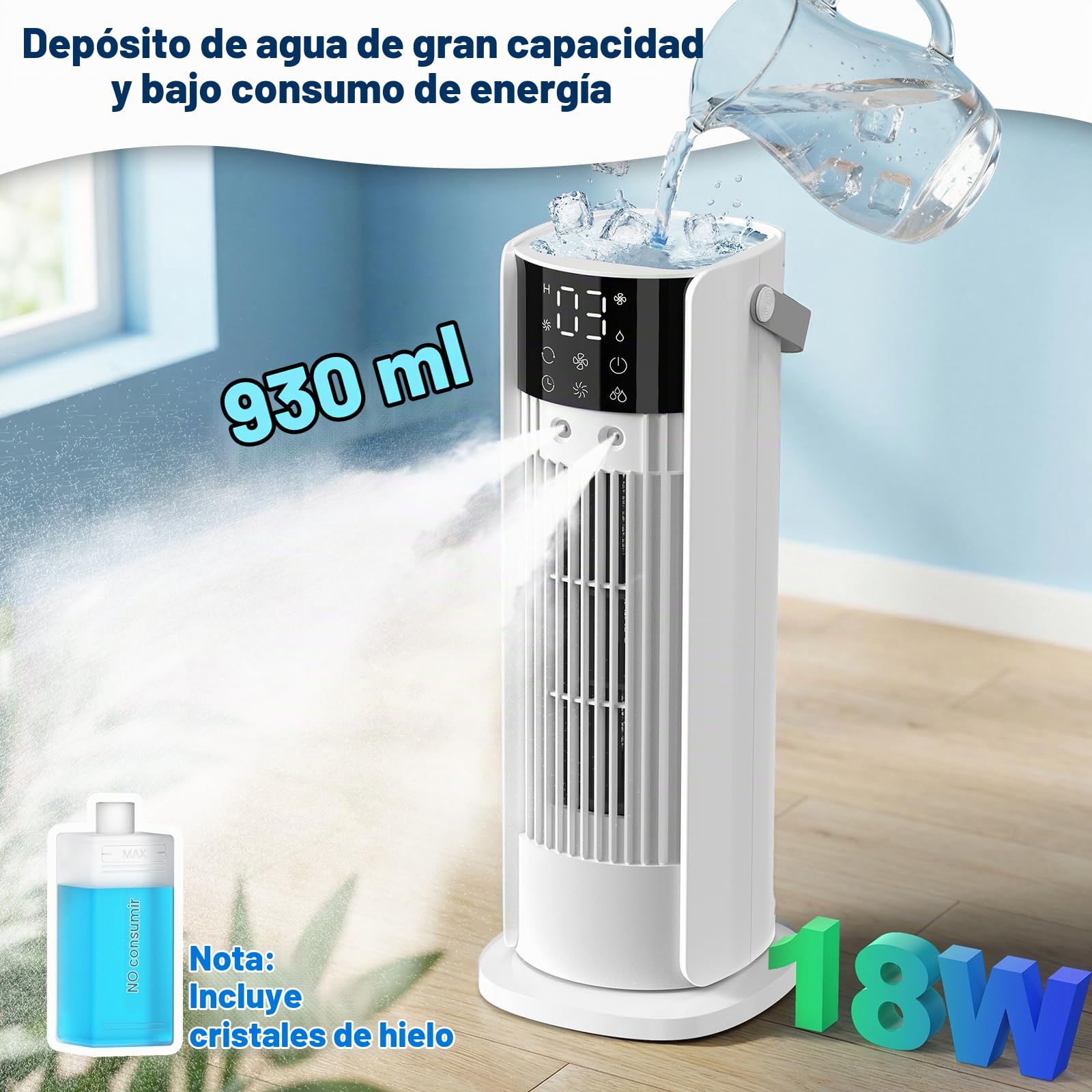 Aire Acondicionado Portátil 4 en 1, Enfriador de Aire 700ML con 2 Modos de Nebulización, Oscilación de 90°, Modo Tormenta y Temporizador para Cocina, Casa, Oficina, Blanco Puro
