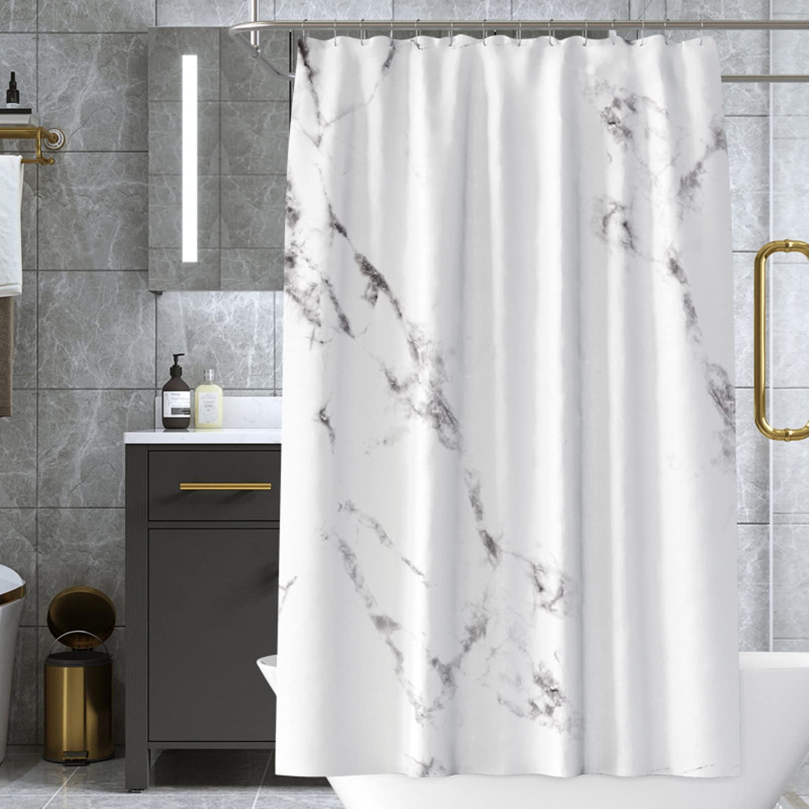 AMDXD Shower Curtain 180 x 200 cm Anti-Mould Vintage Fabric White Polyester Simple Marble Design Bathroom Shower Curtain