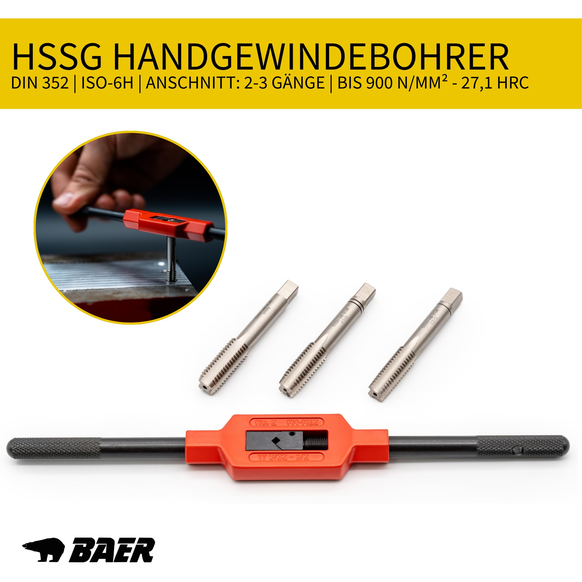 BAER Gewindeschneider Set 30-tlg. M3–M12 HSS-G | Handgewindebohrer + Schneideisen DIN 352/DIN 13 | Windeisen & Schneideisenhalter in Metallkassette | Profi Gewindeschneidsatz Innen- & Außengewinde