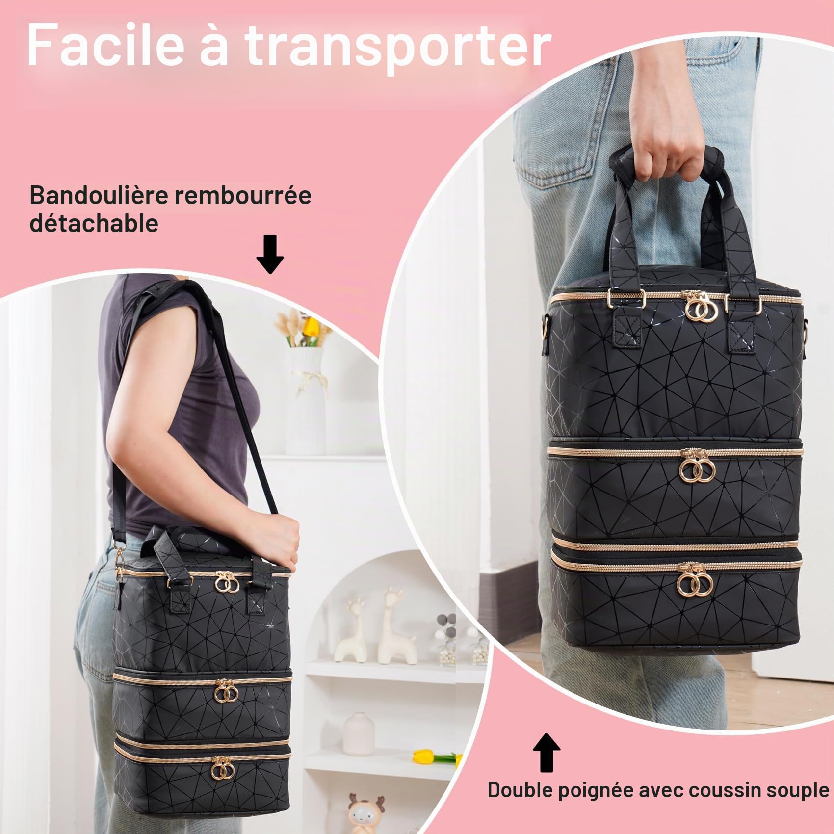 Uross Organisateur de Vernis à Ongles pour 60 flacons de Vernis à Ongles et 1 Lampe à Ongles LED, Sac de Rangement de Vernis à Ongles pour Accessoires de manucure（Noir）
