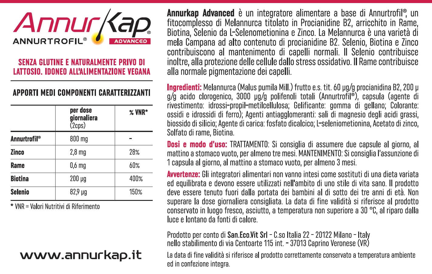 AnnurKap ADVANCED Integratore per Capelli | 90 Capsule con Annurtrofil® da Melannurca Campana, Biotina, Zinco, Rame e Selenio | Supporta Capelli Forti, Folti e Vigorosi | Made in Italy