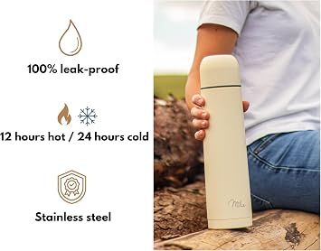Milu Vacuum Insulated Flask 1L, 750ml, 500ml - Thermo Water Drinking Bottle with Cup for Hot & Cold Drink - Stainless Steel, 100% Leak-Proof (Buttercream, 500ml)