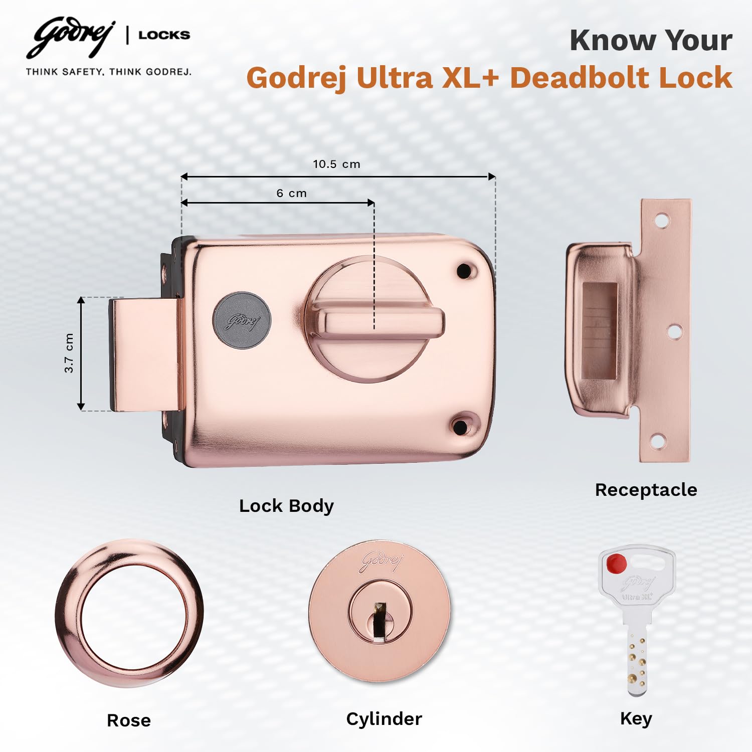 Godrej Rim Lock I Rim Deadbolt Ultra XL+ I 1CK Deadbolt I for Inside Opening Wooden Door | Left/Right Handed Doors I 4 Keys I 5-Year Warranty I Manual Locking l Rose Gold Finish 4