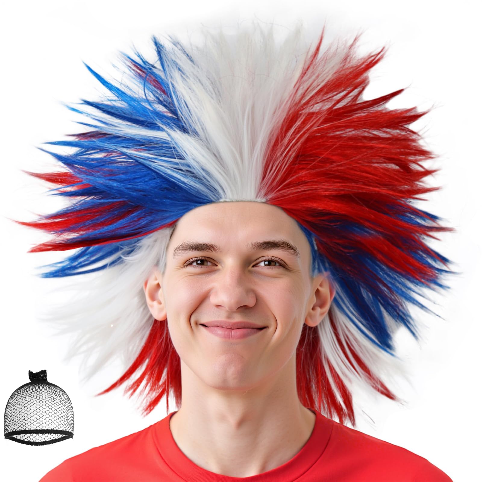 BECULINA Red White Blue Spiky Wigs +Hair Cap Synthetic Short Colorful Funny Crazy Wig for Celebrations Themed Party Football Sports Fan Wigs for Adults Men Women Halloween Costume Cosplay Outfit