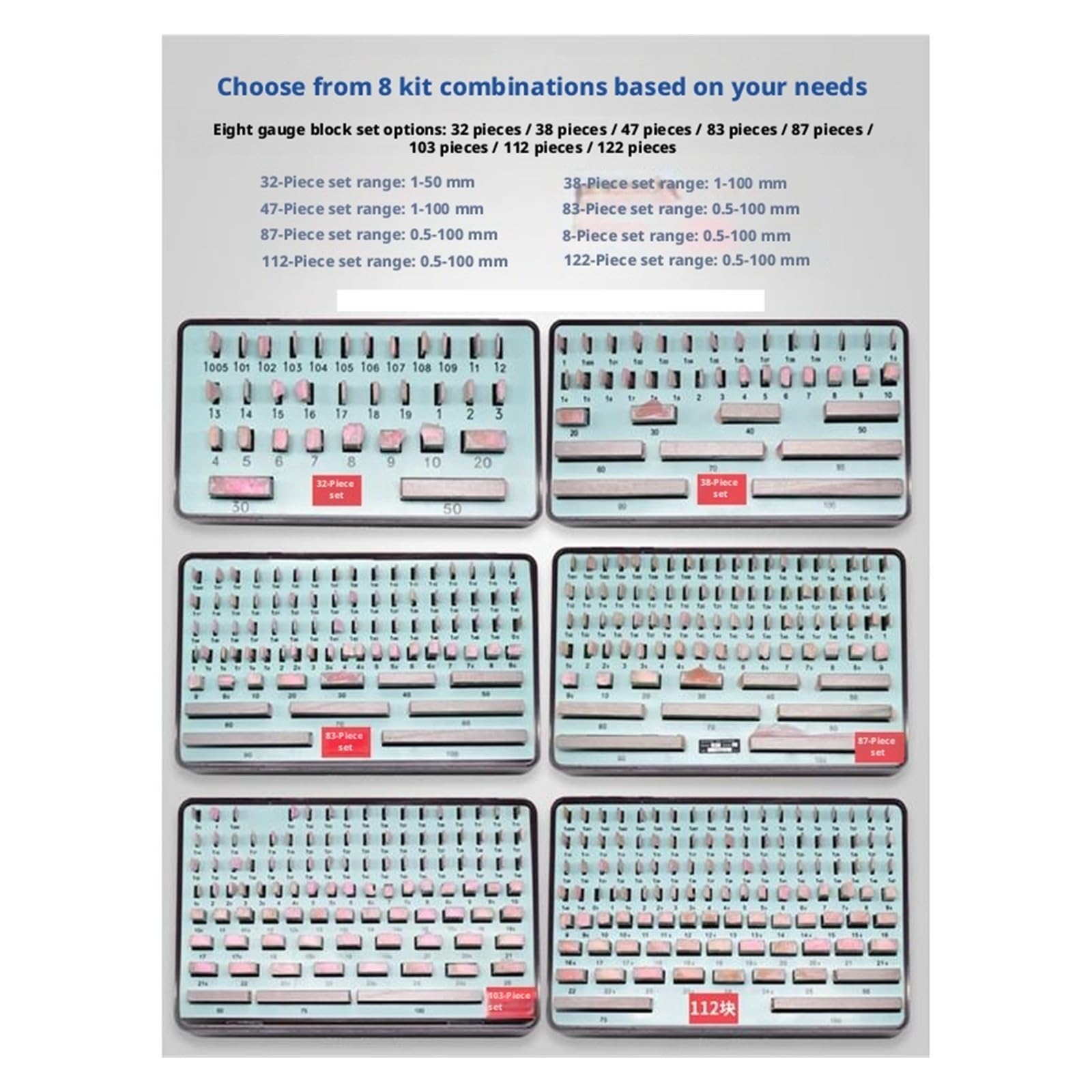 Juego de bloques medidores de acero de grado 0/1, 32/38/47/83/87/103/112 Uds. for calibrar micrómetros y calibradores Medición precisa(38 pieces level 0)