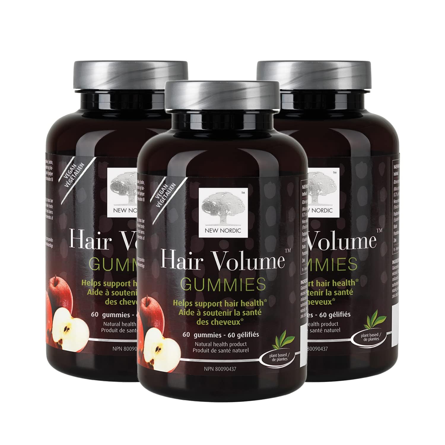 NEW NORDIC Hair Volume Gummies, 2500 mcg Biotin, Daily Hair Vitamins Supplement to Support Hair Skin & Nails, Vegan, 60 Count (Pack of 3)