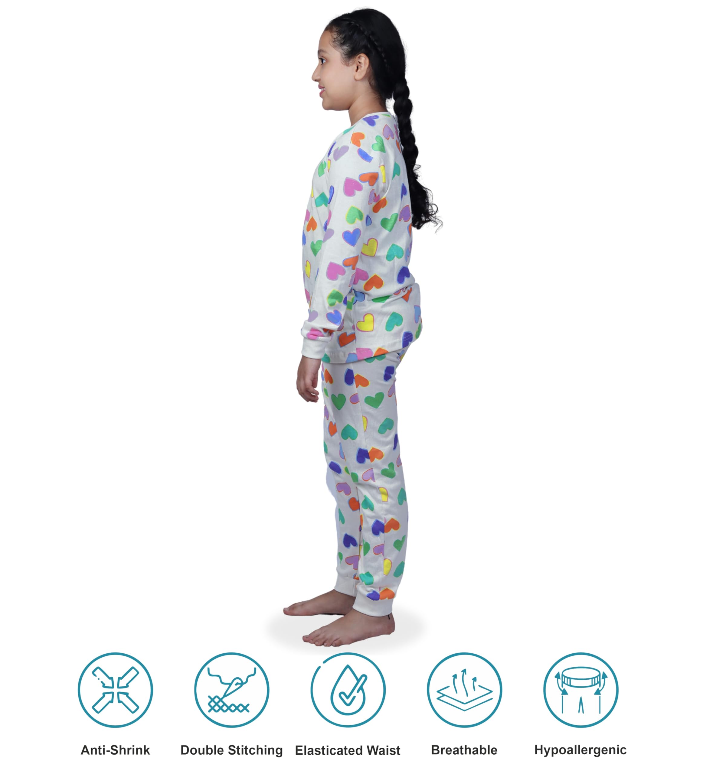 Hestia | H.NSG.N.1 |Girls Nightwear|Bottom Pyjama Tshirts | Breathable Fabric Pajama Sets|Cotton Night Dress Jogger|Trouser Full Sleeves Tshirt Night Suit for Kids|Heart Print|2-4Yrs|Offwhite | Set 1 - Image 4 thumbnail