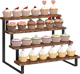 ELITEROO Cupcake Display Stand, 4 Tier Wooden Dessert Stand, Cookie Treat Stands for Dessert Table Set, Food Display Risers for Party Wedding Decor Birthday Graduation, Rustic Brown Straight