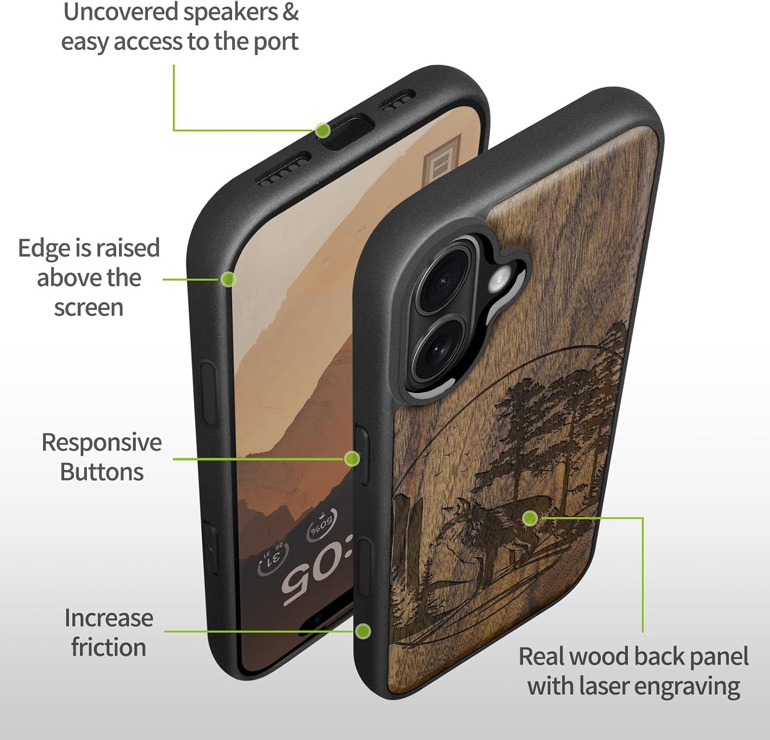 Carveit Magnetic Wooden Case for iPhone 16 Plus Case, Wood Artisan Engraved & Black Soft TPU Shockproof Cover, Compatible with MagSafe Wireless Chargers (Fox and Woods) Walnut