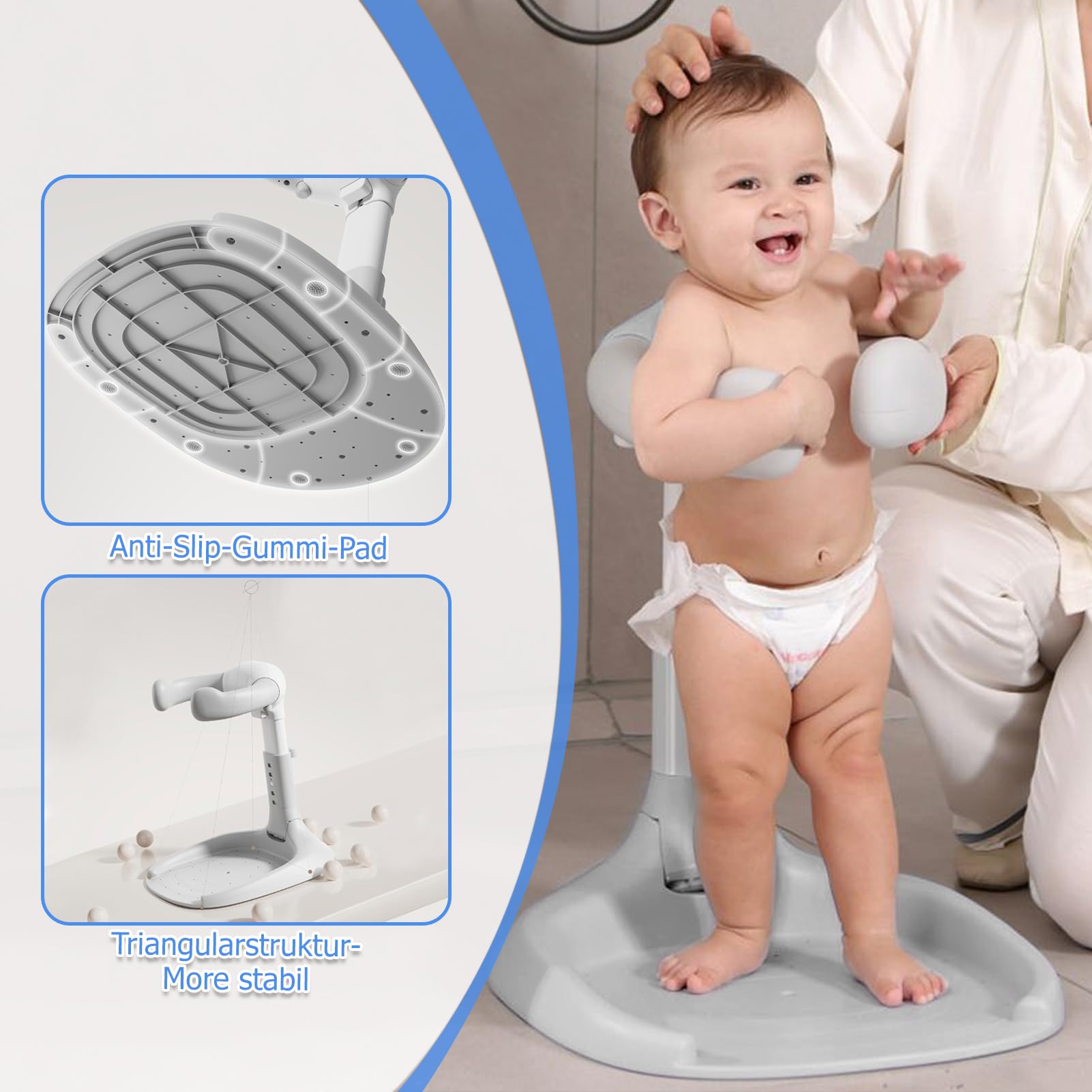 Support de Douche Bébé Debout- Support pour Bébé Douche,Support Anti Pincement, Petits Réglable avec Base Antidérapante et Poignée de Sécurité pour Enfants de 6 à 36 Mois