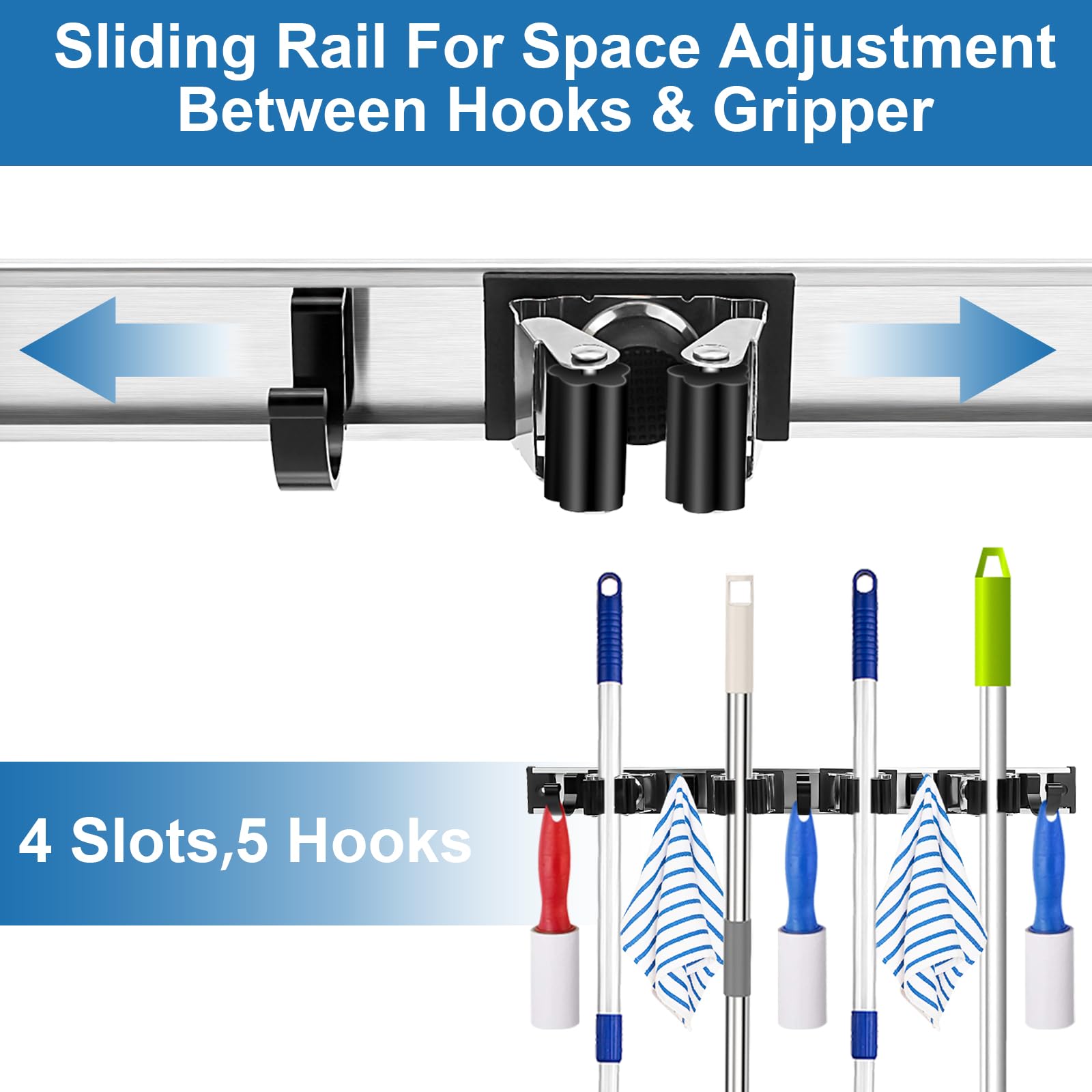 Piyl Metal Broom Mop Holder Wall Mount, Slidable Stainless Steel Wall Organizer Garage Storage Garden Utility Rack Tool Organization Wall (1 Pack 4R5H, Black) - Image 3